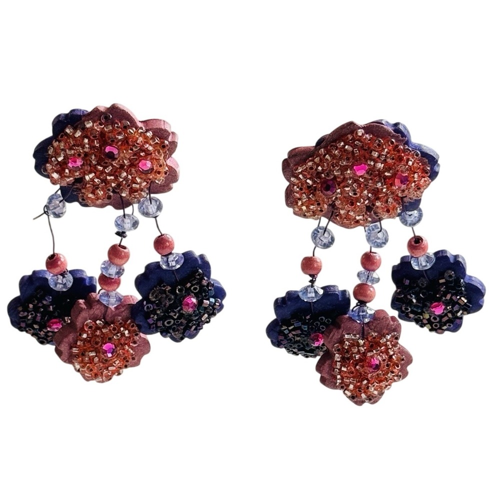 VTG Flower Whimsical Earrings Pink‎ Purple Statement Flashy dangle Clip Chunky
